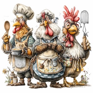 May include: Watercolor illustration of three anthropomorphic chickens dressed as chefs. Each chicken wears a chef's hat, glasses, and an apron. One holds a wooden spoon, another a pot, and the third a spatula. The image has a whimsical, cartoonish style.