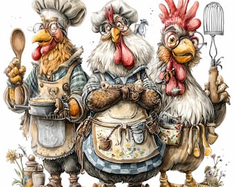 12 lustige PNG lustige Hahn Clipart - lustige PNG Bündel - lustige Kochkunst für Rezeptkarten, Schilder, Planer, Bauernhausdekore