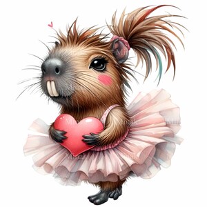 K&ouml;nnte beinhalten: Ein Cartoon-Capybara, das ein rosafarbenes Tutu tr&auml;gt und ein rotes Herz h&auml;lt. Das Capybara hat braunes Fell und eine rosafarbene Nase.