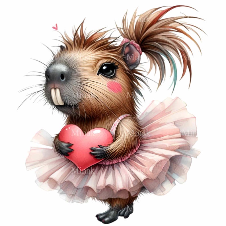 K&ouml;nnte beinhalten: Ein Cartoon-Capybara, das ein rosafarbenes Tutu tr&auml;gt und ein rotes Herz h&auml;lt. Das Capybara hat braunes Fell und eine rosafarbene Nase.