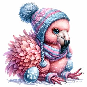 15 PNG clipart de pássaros de inverno – arquivo PNG de flamingo – pássaro rosa fofo com chapéu de neve para artesanato de feriado, impressões de berçário e cartões comemorativos