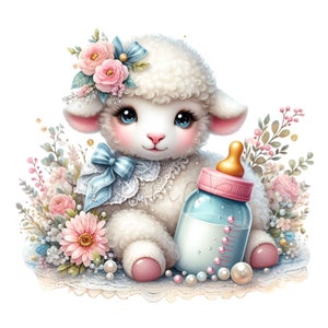 May include: A cute, fluffy white lamb with large blue eyes, a pink nose, and a floral headpiece. The lamb is holding a baby bottle with a pink cap and gold nipple. The image is surrounded by flowers and pearls, creating a soft, whimsical aesthetic.