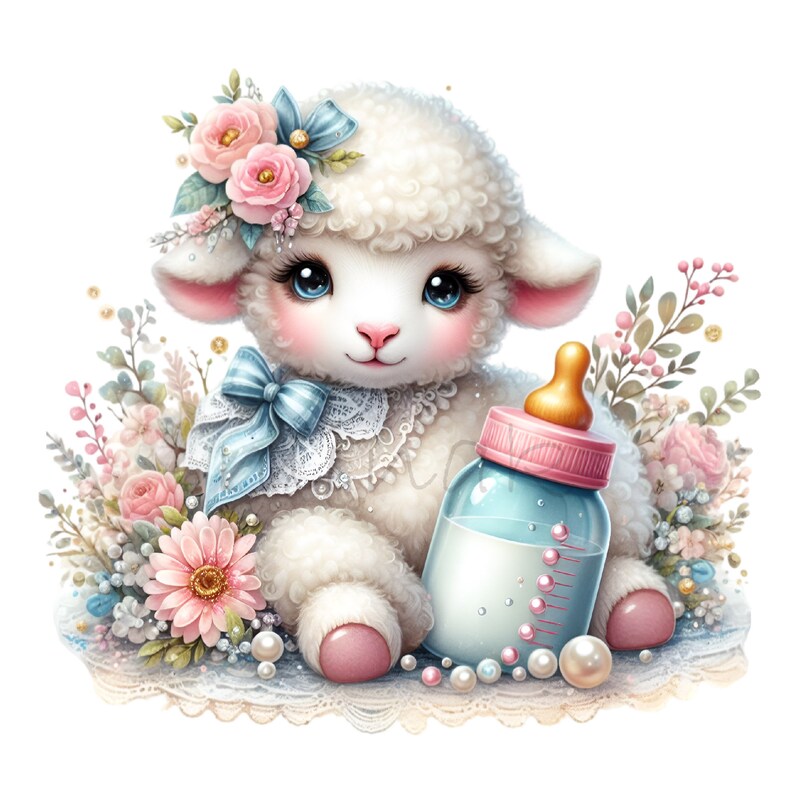 May include: A cute, fluffy white lamb with large blue eyes, a pink nose, and a floral headpiece. The lamb is holding a baby bottle with a pink cap and gold nipple. The image is surrounded by flowers and pearls, creating a soft, whimsical aesthetic.