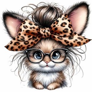 14 PNG Clipart di coniglietto carino, coniglietto con fiocco leopardato e occhiali, illustrazione di un volto di coniglietto glamour, arte murale per bambina