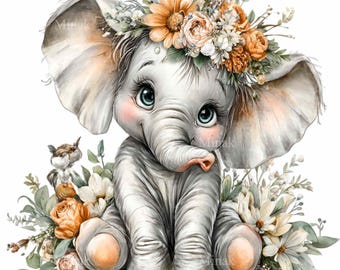 15 PNG Elephant Clipart Floral Illustration, Watercolor Baby Safari Animal for Nursery Prints Crafts