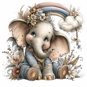 May include: A whimsical illustration of a baby elephant with a floral crown and a blue outfit. A pastel rainbow and cloud are above the elephant. The elephant is surrounded by flowers and foliage in soft, muted tones. The overall style is cute and gentle.