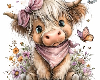 15 PNG Highland Cow Watercolor, Calf Pink Bow Floral Butterfly Nursery Western Art