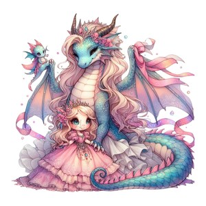 May include: A blue and pink dragon with a crown and pink ribbons, holding a small pink and blue dragon. A girl with blonde hair and a pink dress is standing next to the dragon.