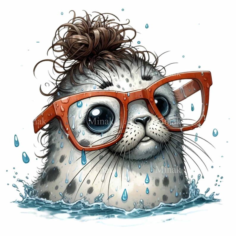 Seal PNG Clipart With Top Knot, Orange Glasses, and Water Splashes, 10