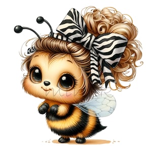 10 süße Biene PNG Clipart, Cartoon Hummel mit großen Augen und Zebraschleife, süßes Kinderzimmer Dekor, Kinder digitale Wandkunst Download