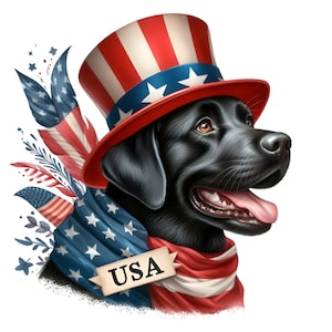 10 PNG Patriotic Dog Clipart – USA Hat Black Labrador PNG – 4th of July Sublimation for T-Shirts, Cards, Party Decor, Printables