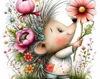 15 hérissons fleuris tenant des fleurs (PNG), clipart aquarelle de marguerites printanières