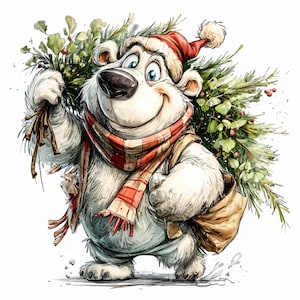 15 PNG Christmas Polar Bear Clipart – Cute Holiday Tree Carrier PNG – Festive Winter Animal for Cards, Stickers, Sublimation Projects