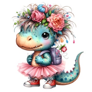 14 Ballerina Dinosaurier PNG Clipart, niedlicher blauer Dino im rosa Tutu mit Blumenkrone und Rucksack, Kinderzimmer Wand Kunst Digital Download