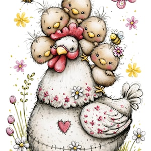 May include: A white hen with a red comb and wattle, decorated with small pink flowers and a heart patch. Four fluffy chicks are perched on the hen. The scene includes a yellow bee, a pink butterfly, and various small flowers on a white background.