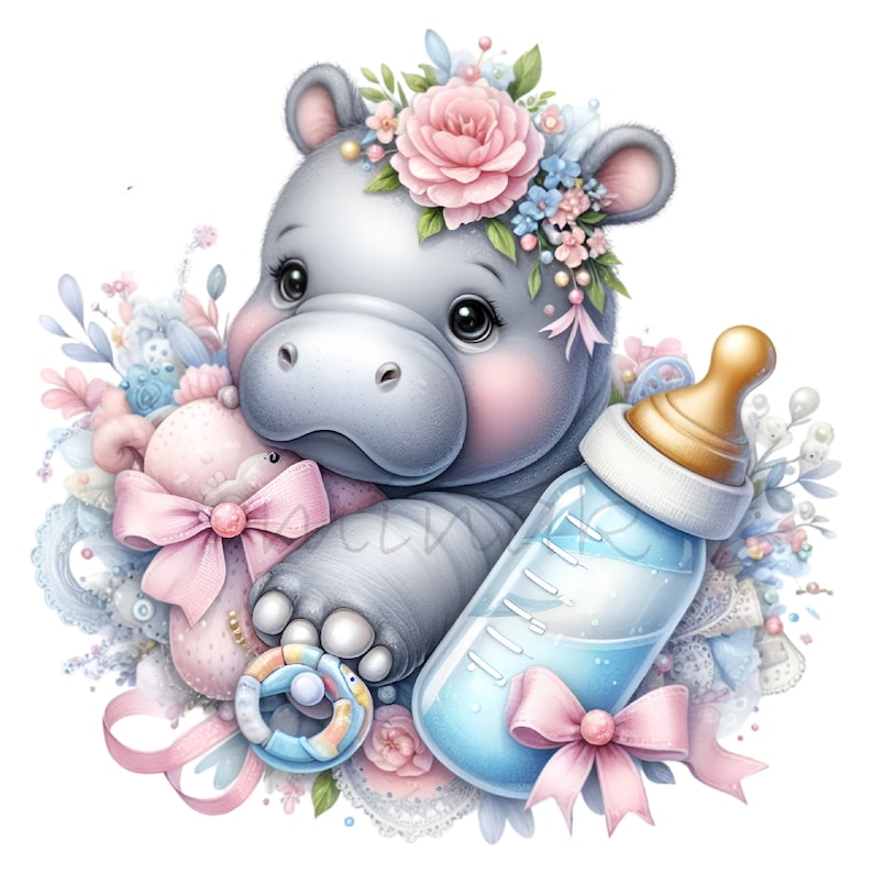 Baby Hippo PNG Clipart, Watercolor Nursery Art, Newborn Bottle Design, Floral Art