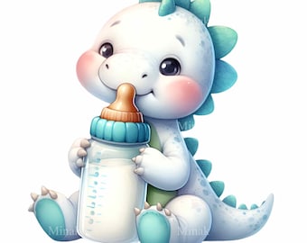 12 PNG Baby Dinosaurier Clipart - Blauer Dino mit Flasche, Kinderzimmer für Jungen, Sublimationsdesign