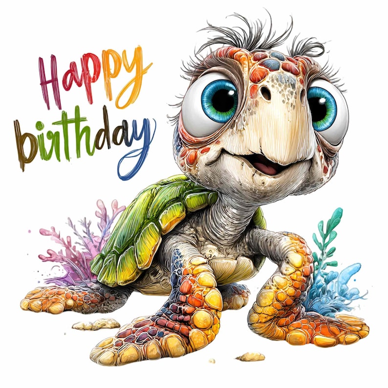 15 PNG Happy Birthday Turtle Clipart, Watercolor Messy Hair Tortoise ...