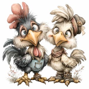 May include: A charming illustration of two chickens. One is grey with blue dungarees, the other is white with a hat and scarf. Both have large beaks and expressive eyes, set against a white background with small pink flowers.