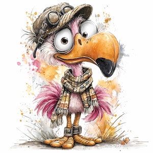 Flamant rose de dessin animé d'automne PNG - Oiseau rigolo PNG - Animal rose original avec écharpe et bottes pour enfants, créations manuelles, sublimation, imprimables
