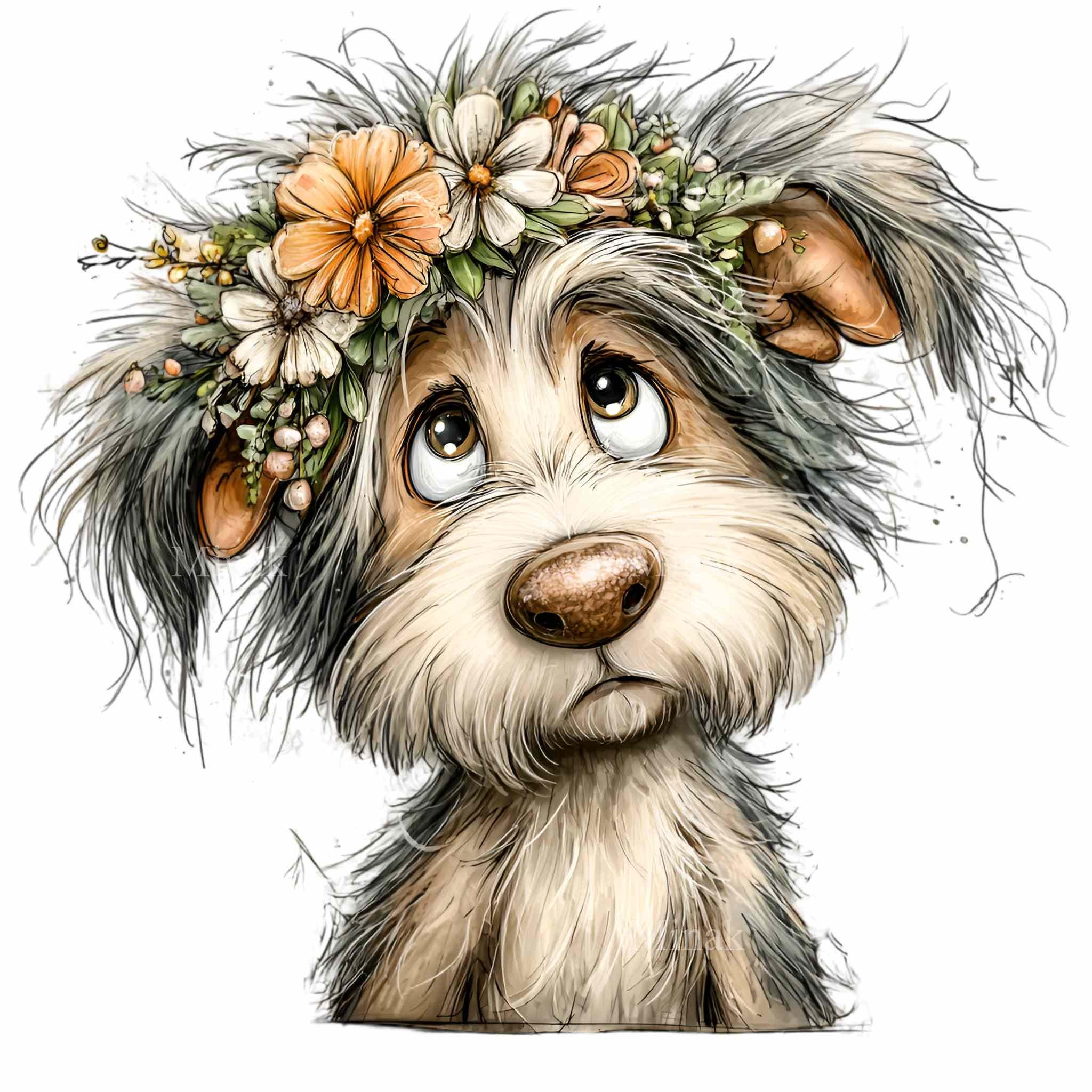 15 PNG Floral Dog Clipart – Funny Puppy PNG Illustration – Cute Fluffy ...