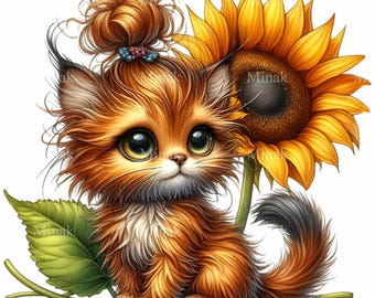 14 PNG Sonnenblume Kätzchen Clipart, Ingwer Katze Messy Bun Sommer