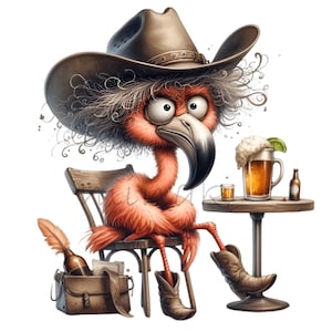 Flamant rose de cow-boy PNG – Clipart drôle d'oiseau de l'Ouest avec bière et chapeau – Design par sublimation pour t-shirts, décoration humoristique, cadeaux