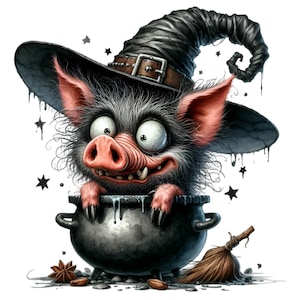12 Hexe Schwein PNG Clipart - Gruseliges Halloween Schwein im Kessel Digitaler Download für Sublimation & Kunsthandwerk