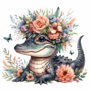 12 cliparts PNG alligator mignon avec couronne de fleurs et papillons | Illustration de bébé alligator pour enfants | Téléchargement numérique instantané