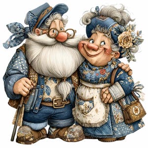 Op de afbeelding: Een grillige illustratie van een ouder echtpaar, beiden gekleed in blauwtinten. De man heeft een lange witte baard, een bril en een hoed. De vrouw draagt een bloemenhoofddeksel en een schort. Ze omarmen elkaar en stralen warmte en genegenheid uit.