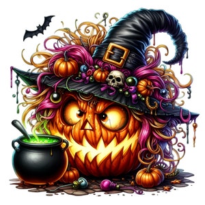 12 Hexe Kürbis PNG Clipart, gruselige leuchtende Kürbis Digital Art, Halloween Kessel Illustration