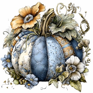 Puede incluir: Ilustración en acuarela de una calabaza decorativa con un diseño de patchwork en tonos azules, crema y naranja. La calabaza está rodeada de flores y follaje en tonos apagados, creando un tema de cosecha otoñal.