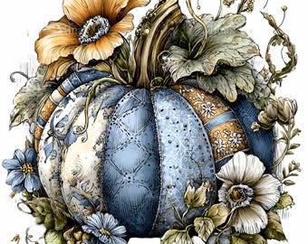 10 PNG Vintage quilt pumpkin – Patchwork pumpkin PNG clipart for fall crafts, floral Thanksgiving decor, farmhouse sublimation art