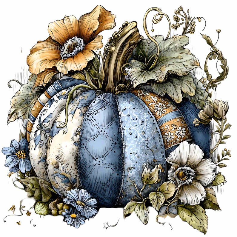Vintage quilt pumpkin – Patchwork pumpkin PNG clipart for fall crafts, floral Thanksgiving decor, farmhouse sublimation art