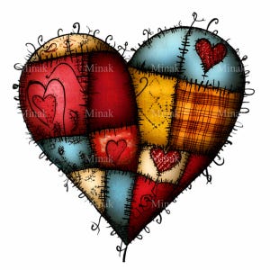 15 Patchwork Heart PNG Clipart - Rustic Quilted Heart Design with Stitched Details - Country-Style Digital Art