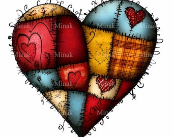 15 Patchwork Heart PNG Clipart - Rustic Quilted Heart Design with Stitched Details - Country-Style Digital Art
