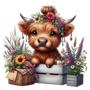 K&ouml;nnte beinhalten: Eine Highland-Kuh mit einer Blumenkrone sitzt in einer Holzkiste mit einem Blumenkorb daneben. Die Kuh hat braunes Fell und gro&szlig;e braune Augen. Die Blumen sind in verschiedenen Farben, darunter rosa, lila und gelb.