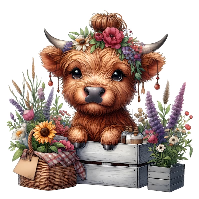 K&ouml;nnte beinhalten: Eine Highland-Kuh mit einer Blumenkrone sitzt in einer Holzkiste mit einem Blumenkorb daneben. Die Kuh hat braunes Fell und gro&szlig;e braune Augen. Die Blumen sind in verschiedenen Farben, darunter rosa, lila und gelb.