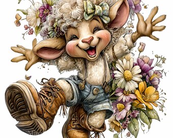 15 PNG Vårlamm, Blommig Får Clipart, Blomsterbarn Sublimat