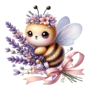 May include: A cute cartoon bee with a flower crown and wings, holding a bouquet of lavender flowers tied with a pink ribbon.