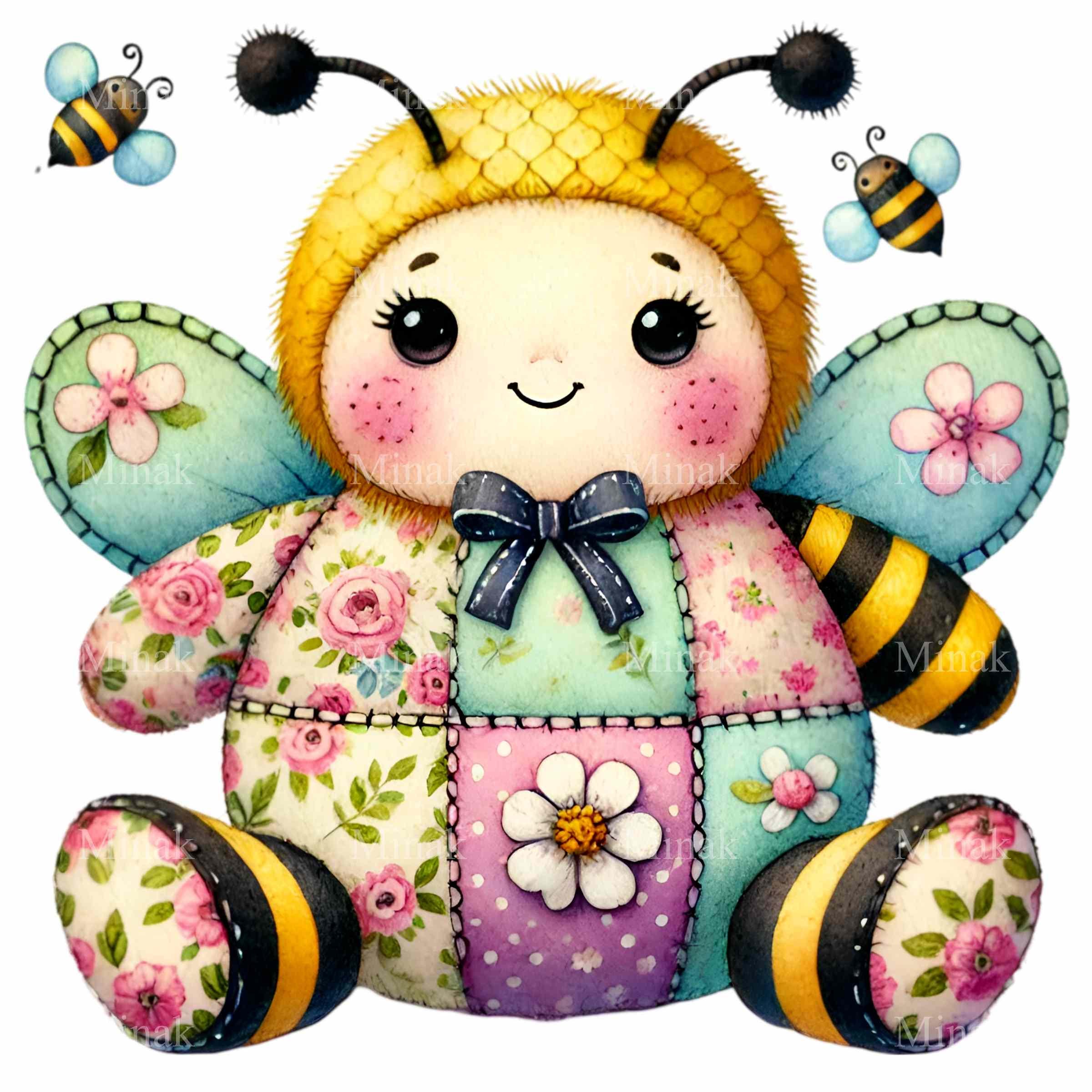 12 PNG Patchwork Bumble Bee Floral Quilt Clipart, Nursery Watercolor - Etsy