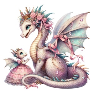 May include: A pink and white dragon with a crown and floral headpiece, holding a smaller pink and white dragon with a crown and a pink dress.