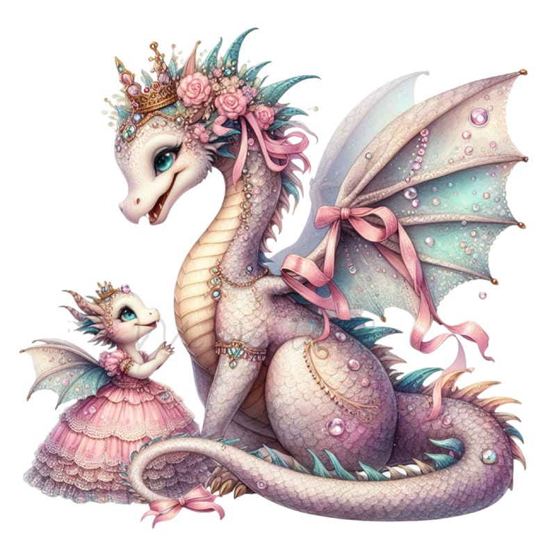 May include: A pink and white dragon with a crown and floral headpiece, holding a smaller pink and white dragon with a crown and a pink dress.