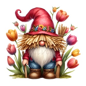 10 lentekabouter PNG, schattige kabouter met strohoed en tulpen clipart, Floral Farmer Gnome digitale download
