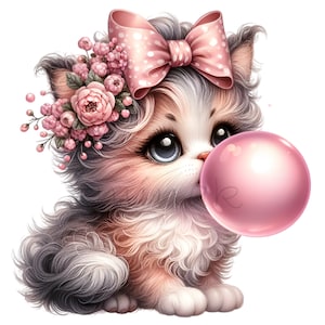 12 cliparts chewing-gum mignon chaton PNG | Chat pelucheux avec noeud et fleurs | Illustration rose Bubble Kitty pour sublimation