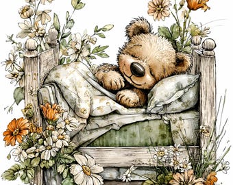 11 Sleeping Bear Bed PNG, Floral Daisy Sublimation Animal Artwork Design