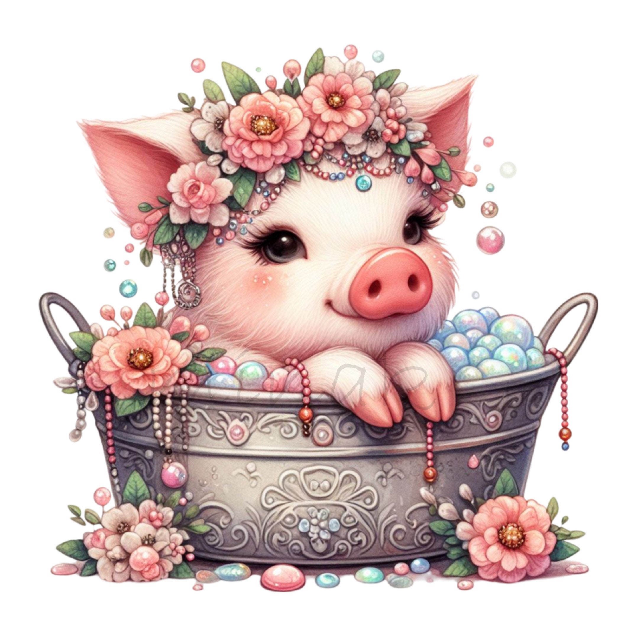 Princess Piglet 10 PNG Royal Pig Tub Clipart, Princess Piglet Floral Bathtub, Fancy ...