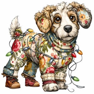 Puede incluir: Ilustración de un perro con un mono estampado floral, bufanda y botas, adornado con una guirnalda de luces navideñas. El perro tiene ojos marrones y nariz negra. El mono tiene un estampado floral.
