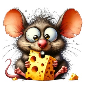 Cute Mouse Eating Cheese 10 PNG Funny Kids Comics Cartoon illustration clipart, DIY Card Making, Digital Downloads