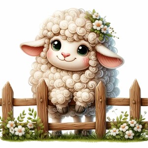 May include: A white fluffy lamb with a flower crown peeks over a wooden fence. The lamb has large, dark eyes and a sweet expression. Green grass and white flowers are visible at the base of the fence.
